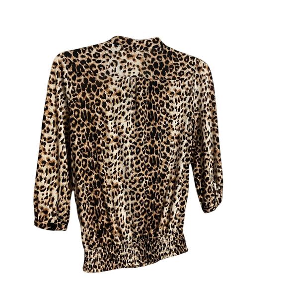 Twenty One Leopard Print Top Ruffle Size S Accent Tie Neck Elastic Waist Spring - Picture 6 of 15